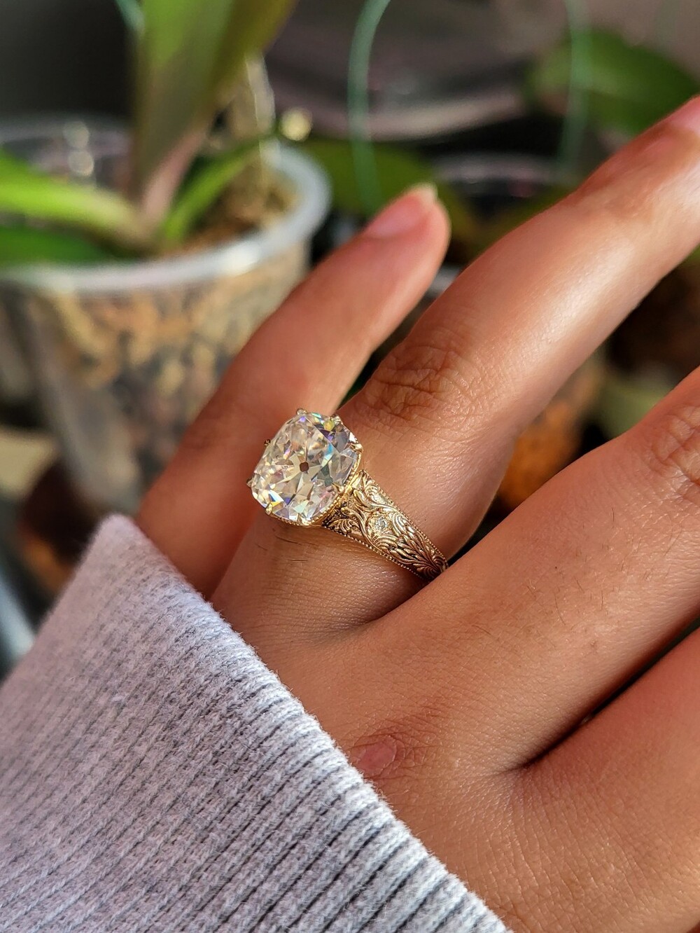 14K Yellow Gold Old Mine Cushion Cut Moissanite Engagement Ring